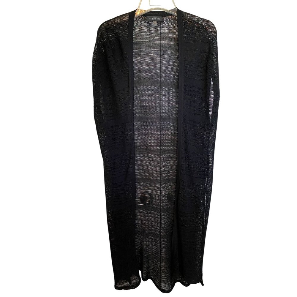 August Silk Black Open Knit Long Duster Cardigan Women’s L Whimsigoth Beach Boho